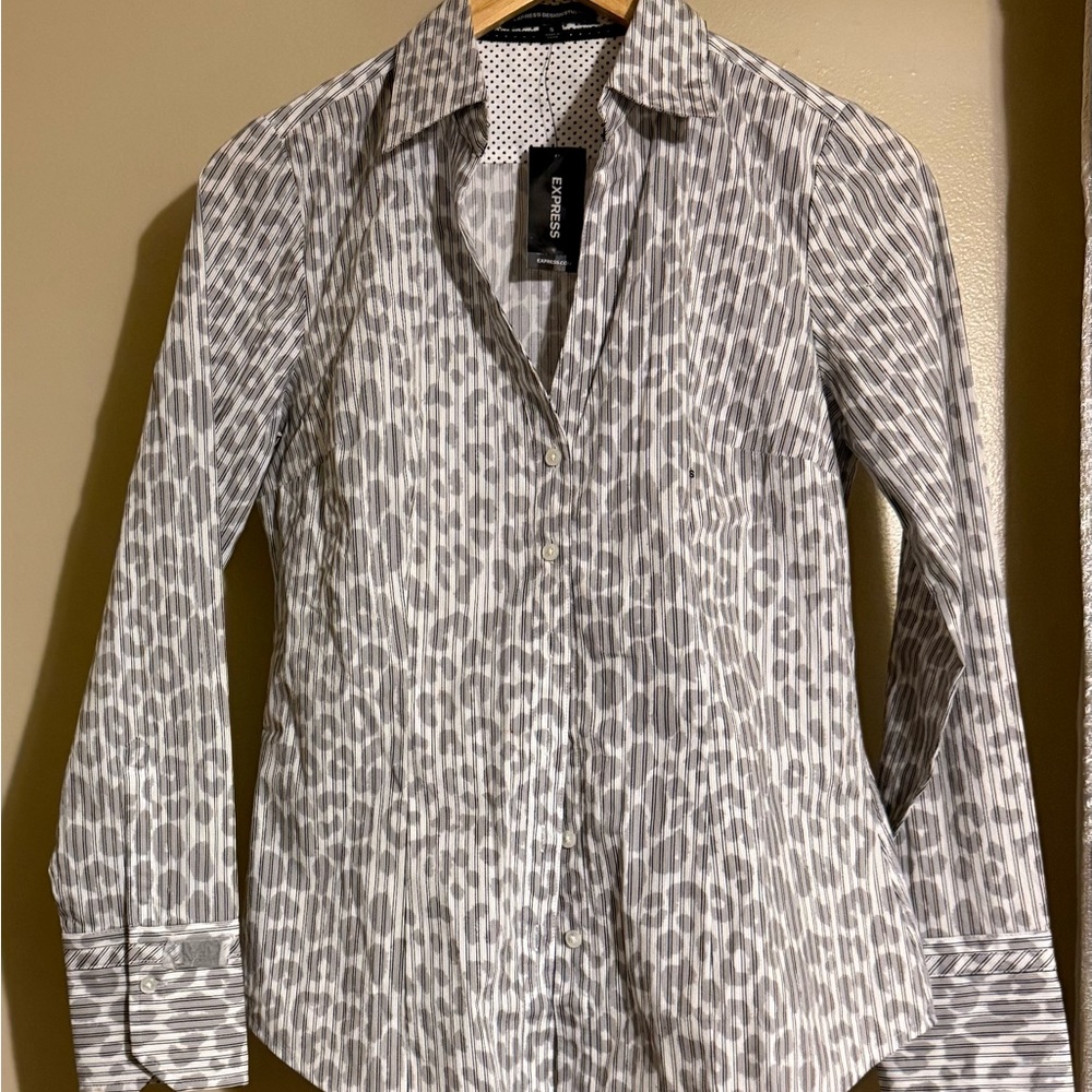 Express Design Studio Leopard Stripe Button Up Top